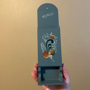 Vintage Norwegian Rosemaling Wooden Matchbox Holder Retro Kitchen Cottagecore